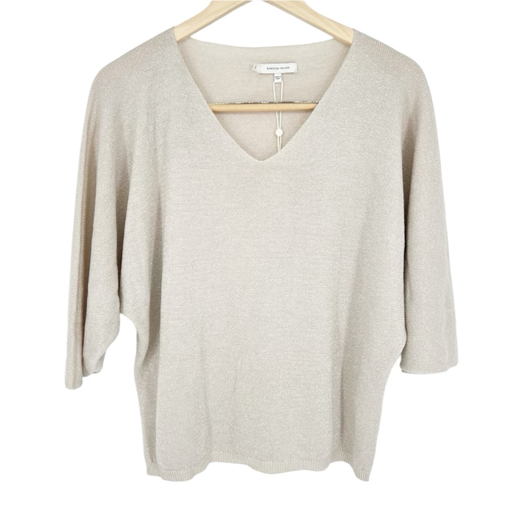 NWT Rebecca Taylor Metallic‎ Knit V-Neck Elbow Sleeve Dolman Tan Sweater 12